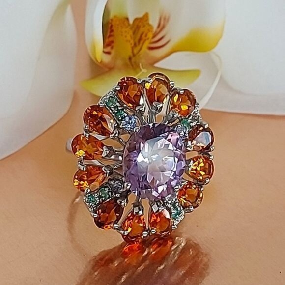 Natural Amethyst 6x4mm,‎ Citrine, Emerald 925 Sterling Silver Jewelry Ring 7.75 - Picture 8 of 12